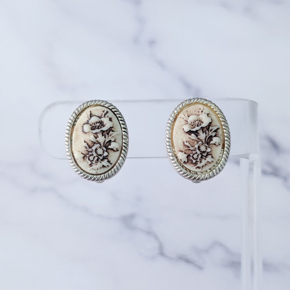 Vintage Clip On Earrings Floral Oval - Fair Condition